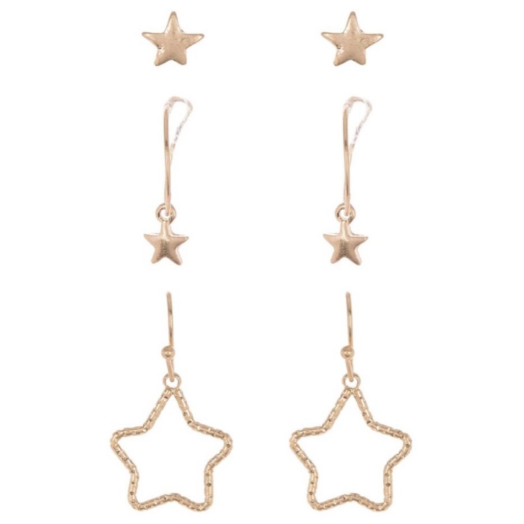 New Area Stars Brass 14k Gold Plated 3 Piece Stars Earring Set
